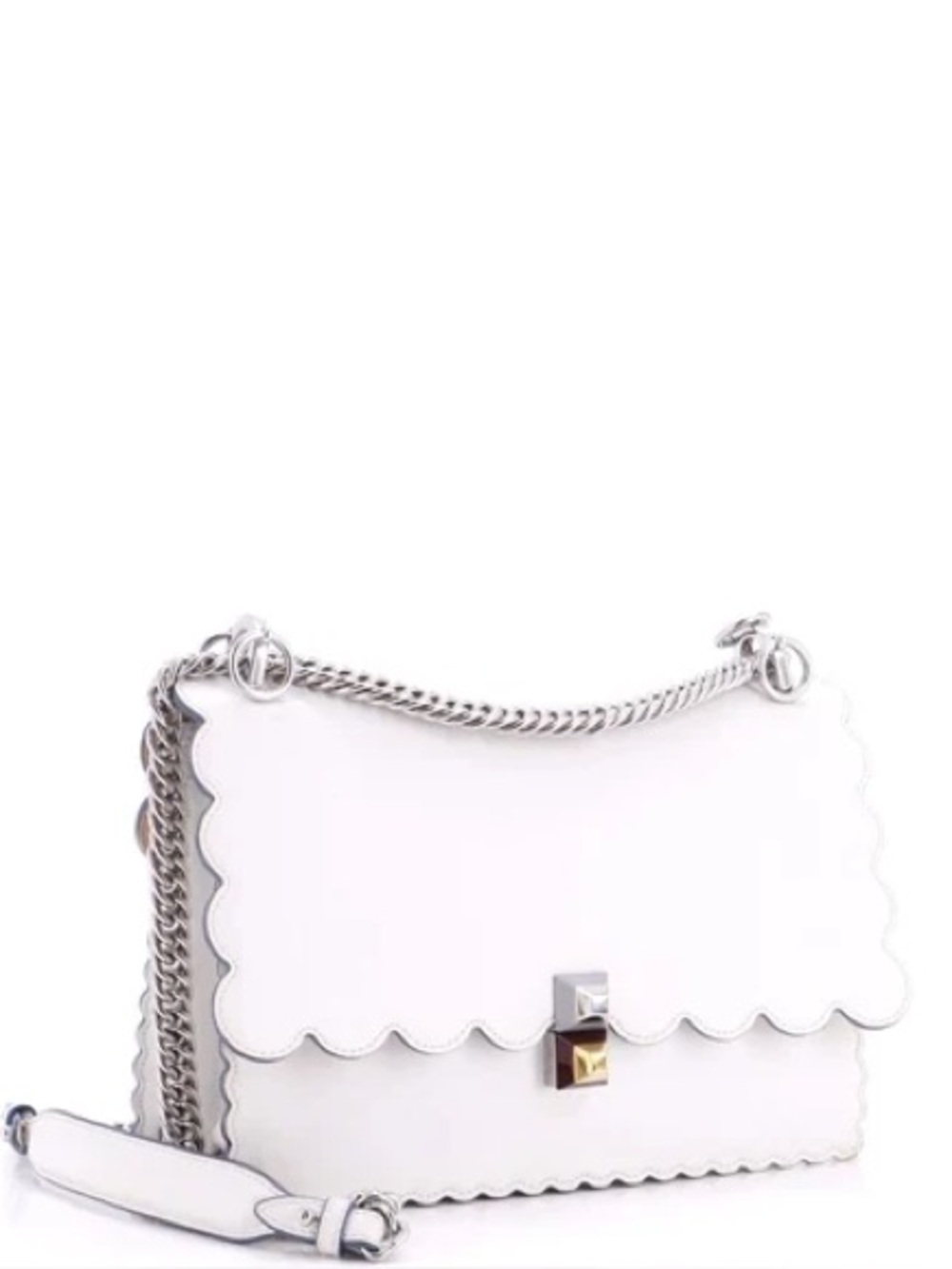 Fendi White Scalloped Edge Shoulder Bag with Chain Strap